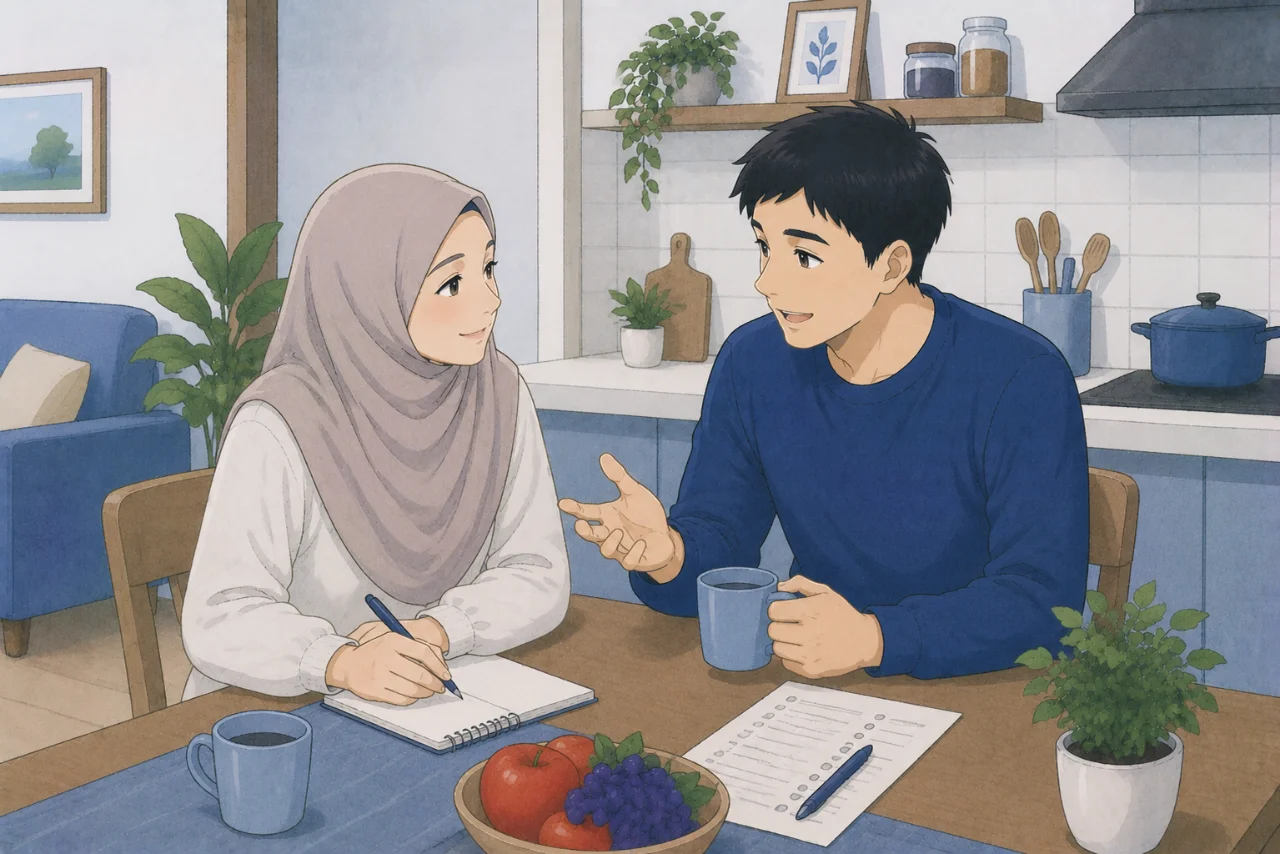 Pasangan suami istri sedang berbincang dengan tenang di dapur rumah sambil menyusun aktivitas bersama, menggambarkan proses saling menyesuaikan kebiasaan setelah menikah dalam suasana hangat dan penuh pengertian.