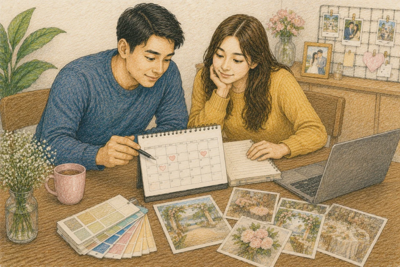 Pasangan sedang memilih tanggal pernikahan di kalender sambil merencanakan acara