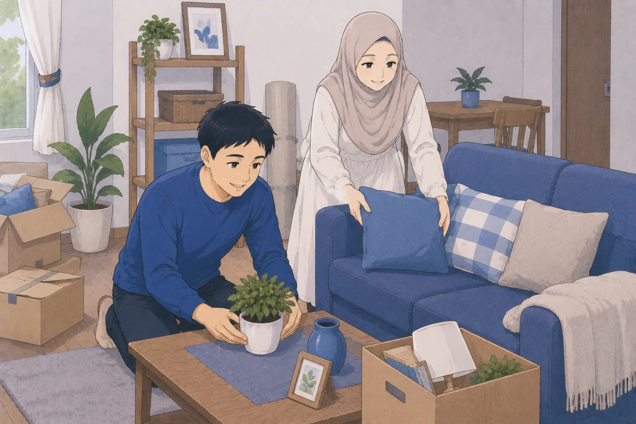 Pasangan suami istri sedang menata ruang tamu rumah pertama mereka bersama, menyusun dekorasi dan perabot sederhana dalam suasana hangat, rapi, dan penuh kebersamaan.