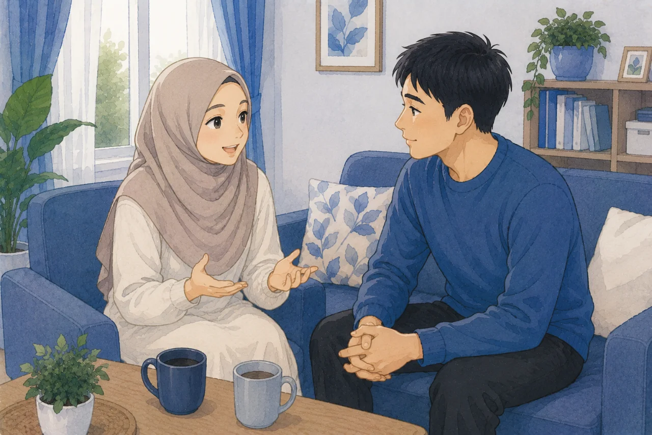Pasangan suami istri sedang duduk berhadapan di ruang keluarga sambil berbincang dengan penuh perhatian, menggambarkan komunikasi yang hangat dan kebiasaan saling mendengarkan dalam rumah tangga.
