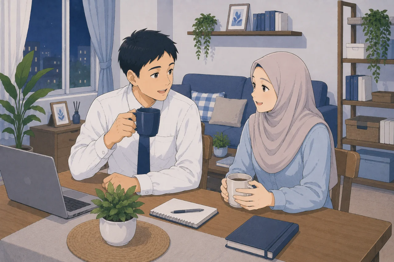 Pasangan suami istri yang sama-sama bekerja sedang menikmati waktu bersama di ruang makan setelah pulang kerja sambil berbincang hangat, menggambarkan keseimbangan antara karier dan kehidupan rumah tangga.