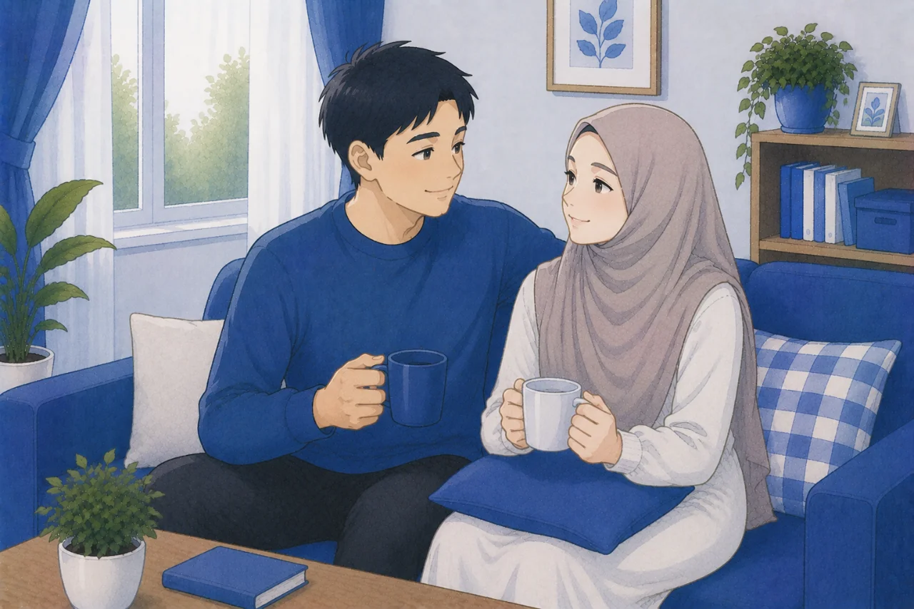 Pasangan suami istri sedang duduk berdampingan di ruang keluarga sambil tersenyum dan berbincang hangat, menggambarkan hubungan pernikahan yang sehat, penuh kepercayaan, dan saling mendukung.