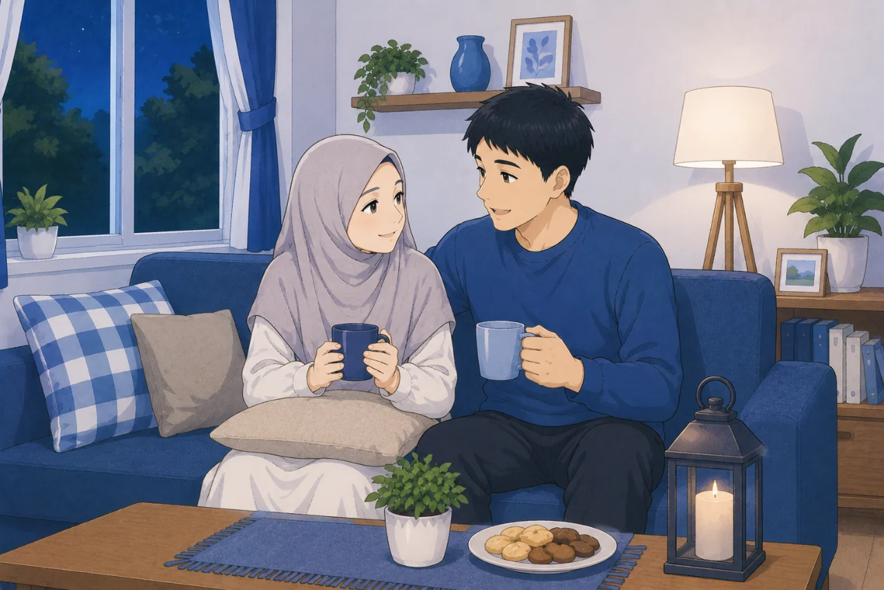 Pasangan suami istri sedang menikmati waktu bersama di ruang keluarga dengan suasana tenang dan nyaman, menggambarkan pentingnya menjaga privasi, kepercayaan, dan keharmonisan dalam rumah tangga.