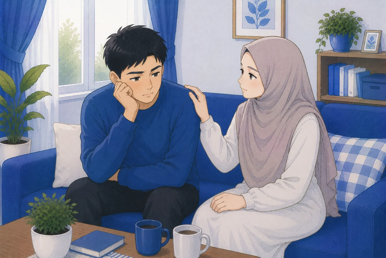 Pasangan suami istri sedang duduk bersama di ruang keluarga sambil berbincang dengan tenang dan saling memperhatikan, menggambarkan pentingnya menjaga kebiasaan positif untuk mempertahankan keharmonisan pernikahan.