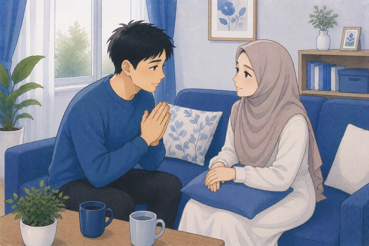 Pasangan suami istri sedang berbicara dengan tenang di ruang keluarga, salah satunya menyampaikan permintaan maaf dengan tulus sementara pasangannya mendengarkan dengan penuh perhatian dalam suasana hangat dan damai.