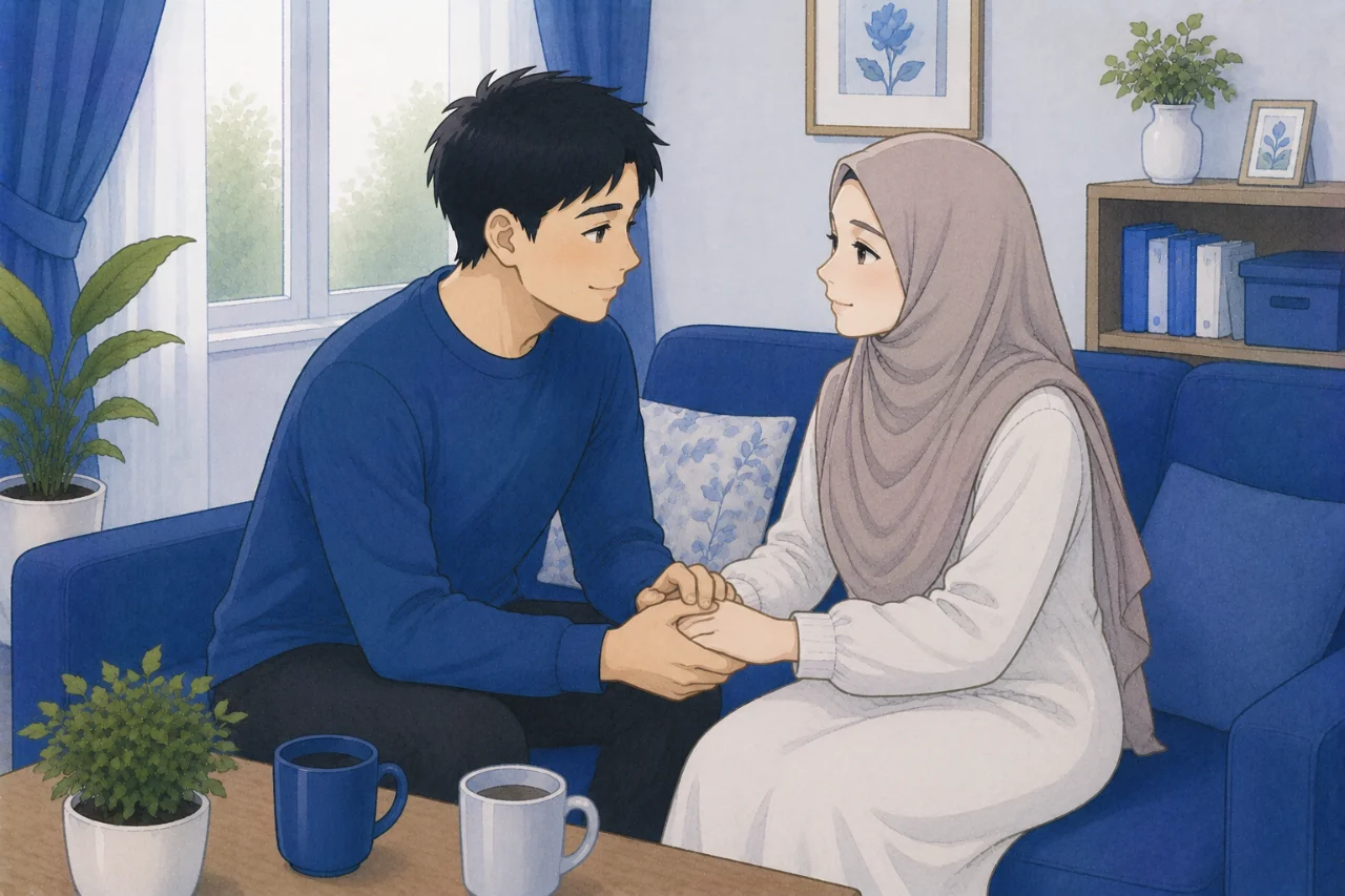 Pasangan suami istri sedang berbincang dengan tenang sambil saling tersenyum di ruang keluarga, menggambarkan proses membangun kembali kepercayaan dan keharmonisan setelah konflik dalam pernikahan.