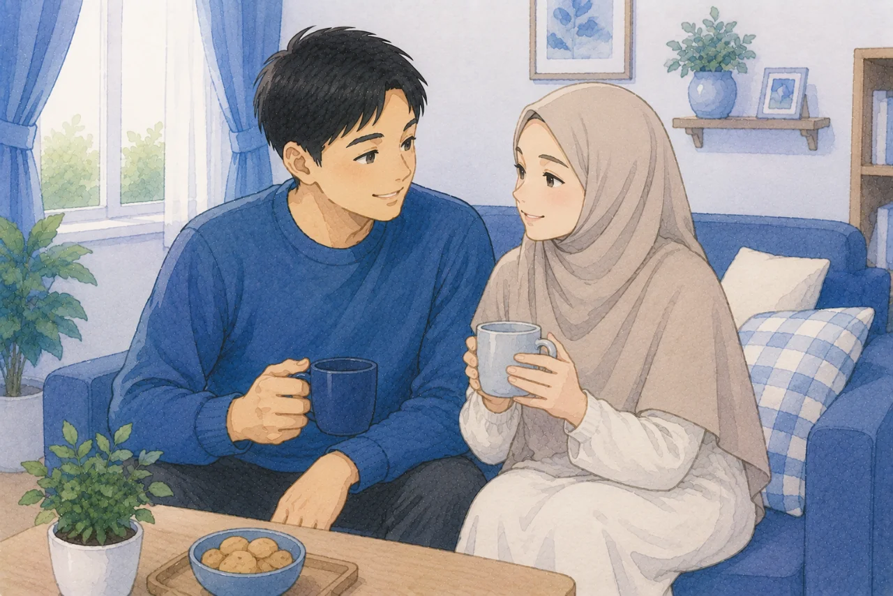 Pasangan suami istri sedang menikmati waktu bersama di ruang keluarga sambil tersenyum dan berbincang hangat, menggambarkan kebiasaan sederhana yang menciptakan rumah tangga bahagia dan harmonis.