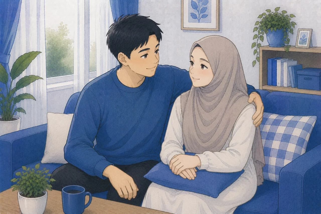 Pasangan suami istri sedang duduk berdampingan di ruang keluarga sambil tersenyum dan berbicara dengan hangat setelah berdamai, menggambarkan proses saling memaafkan dan memulai kembali hubungan dengan penuh kepercayaan.