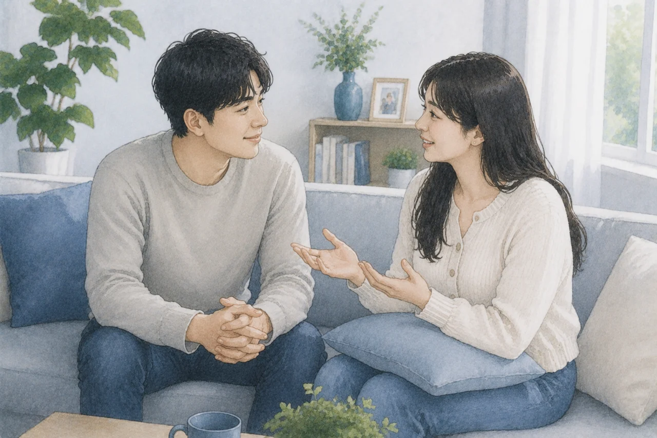 Pasangan suami istri berbincang hangat dan saling terbuka sebagai simbol kepercayaan dalam rumah tangga
