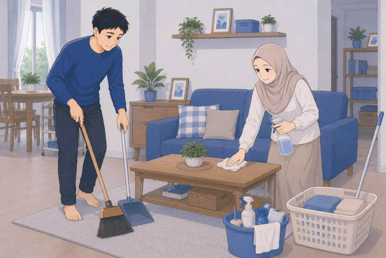 Pasangan suami istri sedang bekerja sama membersihkan rumah, dengan suami menyapu lantai dan istri merapikan ruang tamu dalam suasana hangat, rapi, dan penuh kebersamaan.