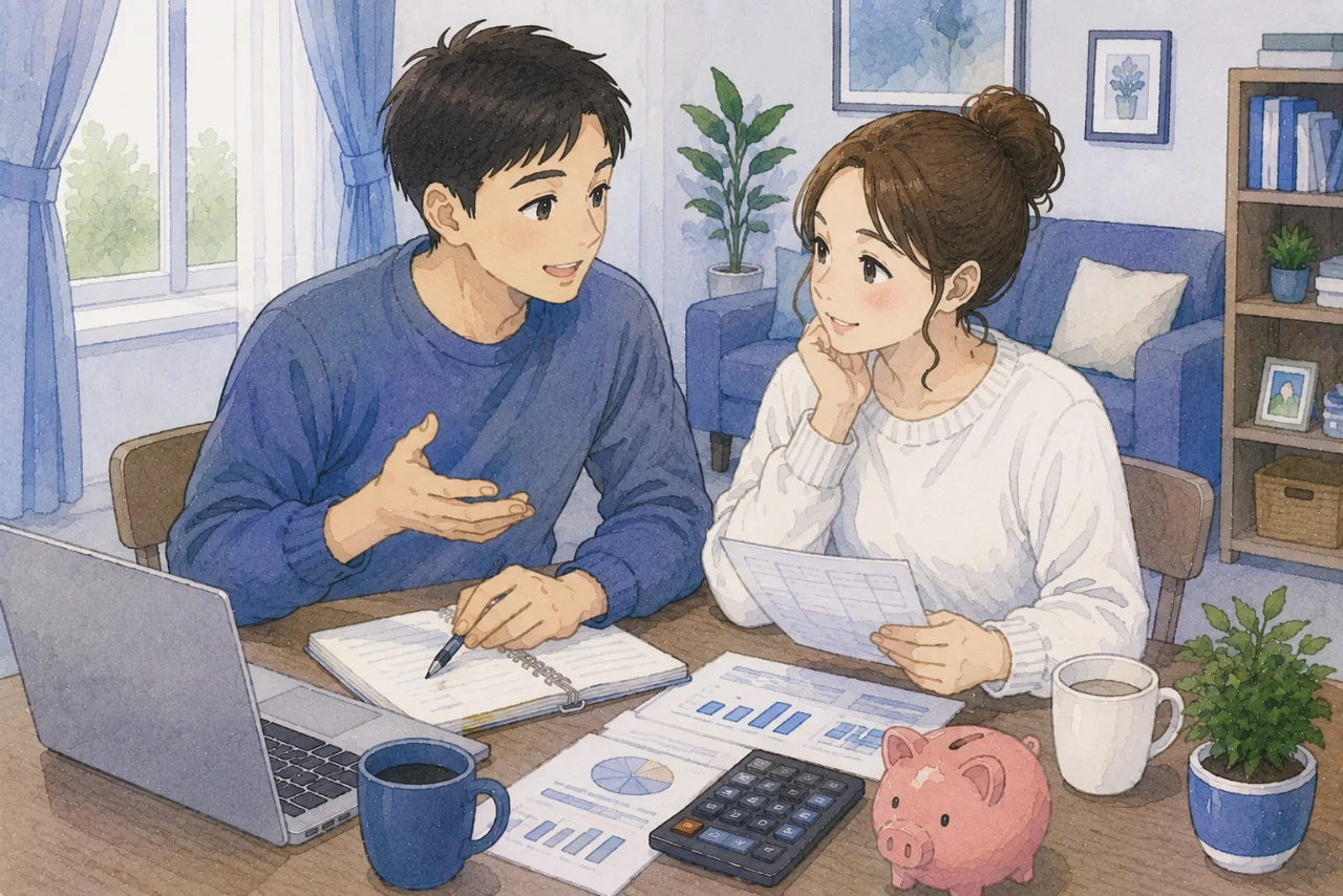 Pasangan suami istri sedang berbincang santai di meja makan sambil melihat catatan keuangan dan laptop, menggambarkan komunikasi yang terbuka mengenai penghasilan dan perencanaan keuangan keluarga.