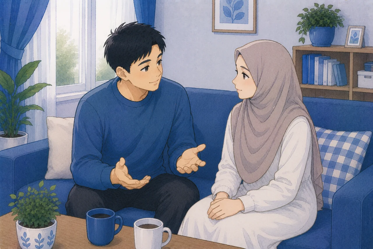 Pasangan suami istri sedang berdiskusi dengan tenang di ruang keluarga sambil saling mendengarkan dan tersenyum setelah menyelesaikan perbedaan pendapat, menggambarkan penyelesaian konflik yang sehat dalam pernikahan.