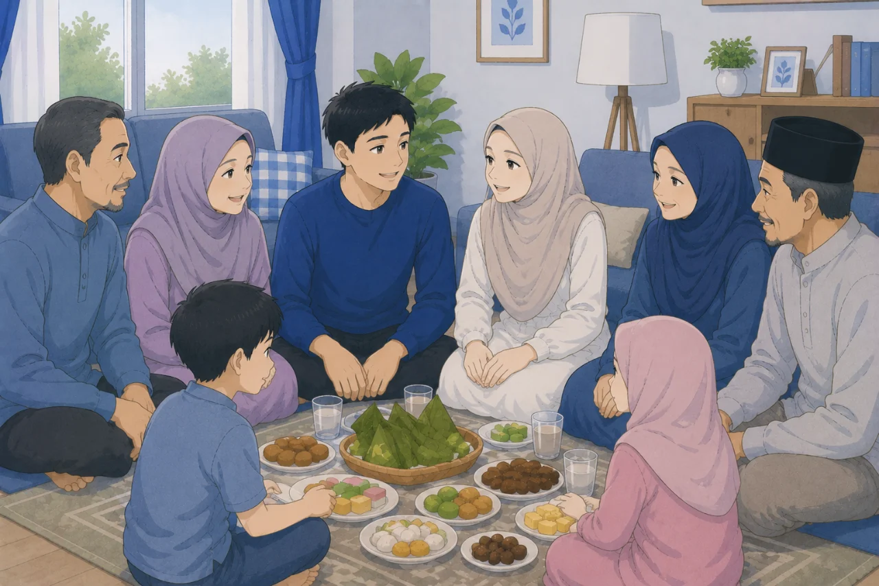 Pasangan suami istri sedang berkumpul bersama kedua keluarga dalam suasana hangat dan akrab, menikmati kebersamaan sambil menghormati tradisi masing-masing keluarga.