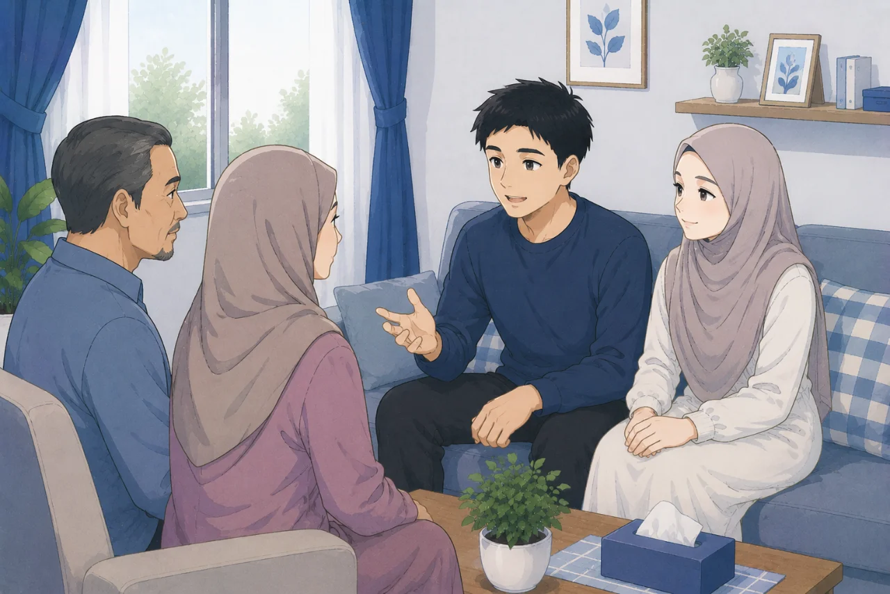 Pasangan suami istri sedang berdiskusi dengan tenang di ruang keluarga sambil saling mendukung dalam mengambil keputusan bersama, menggambarkan cara menghadapi campur tangan orang tua setelah menikah dengan komunikasi yang bijaksana.