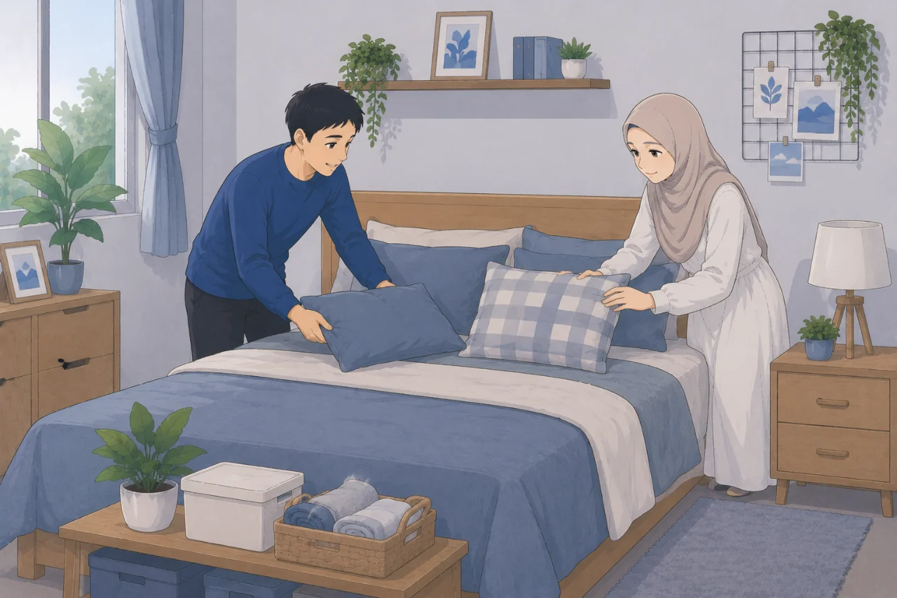 Kamar tidur pasangan baru yang bersih, rapi, dan nyaman dengan tempat tidur sederhana, pencahayaan lembut, tanaman hias kecil, serta suasana hangat yang mendukung istirahat berkualitas.