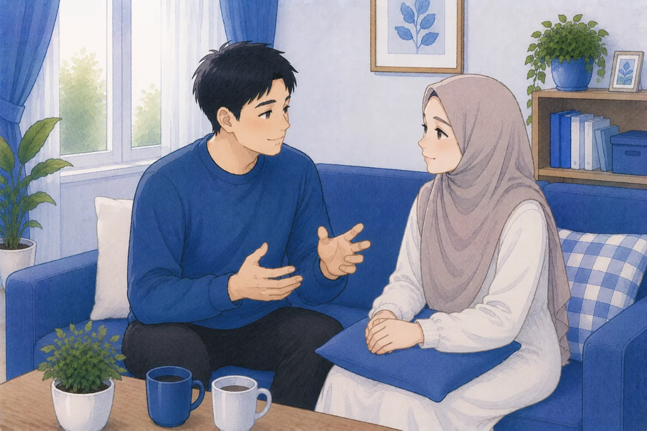 Pasangan suami istri sedang berdiskusi dengan tenang di ruang keluarga sambil saling mendengarkan dan tersenyum, menggambarkan upaya mengatasi ego dalam pernikahan melalui komunikasi yang sehat dan penuh rasa saling menghargai.