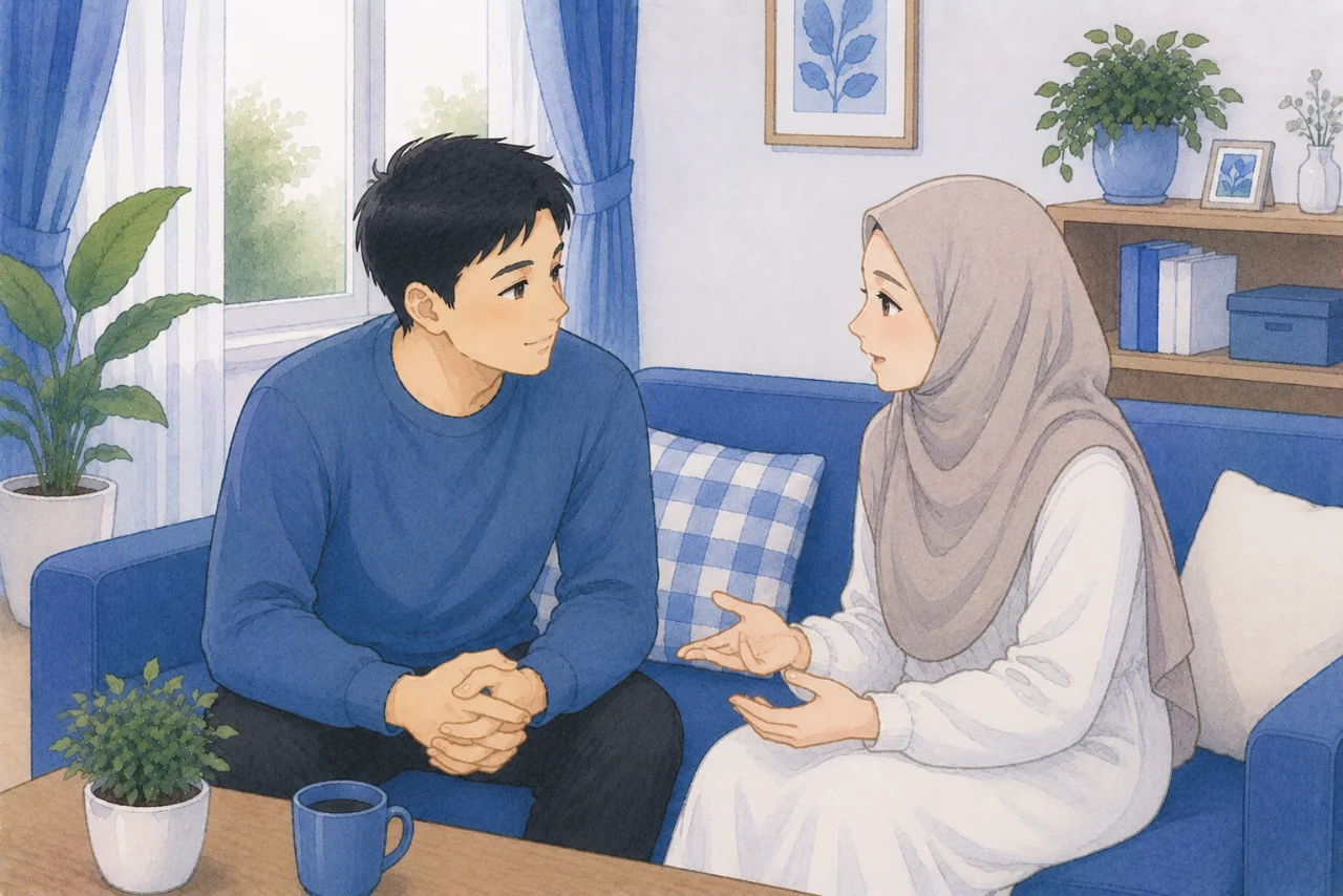 Pasangan suami istri sedang duduk di ruang keluarga dengan ekspresi tenang sambil mulai berbicara kembali setelah terjadi kesalahpahaman, menggambarkan upaya mengatasi silent treatment dalam pernikahan melalui komunikasi yang sehat.