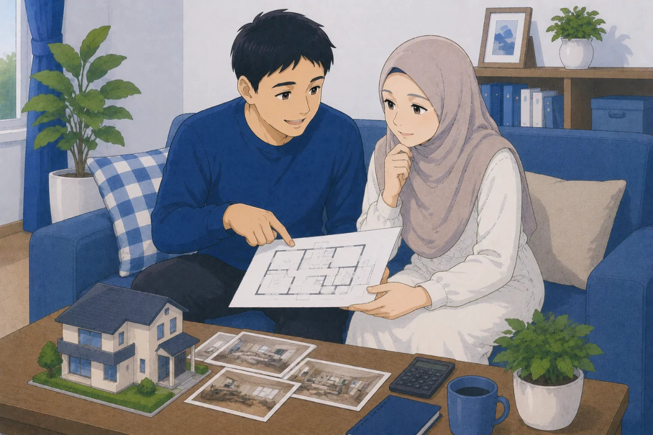 Pasangan suami istri sedang melihat denah rumah dan berdiskusi bersama di ruang tamu dengan suasana hangat, menggambarkan proses menentukan tempat tinggal setelah menikah.