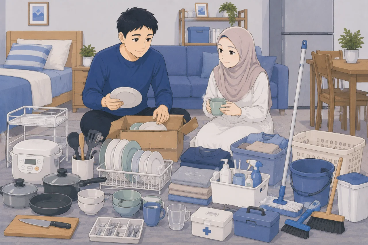 Berbagai peralatan rumah tangga dasar seperti peralatan dapur, alat kebersihan, perlengkapan kamar tidur, dan perlengkapan makan yang tersusun rapi di dalam rumah sederhana milik pasangan baru.
