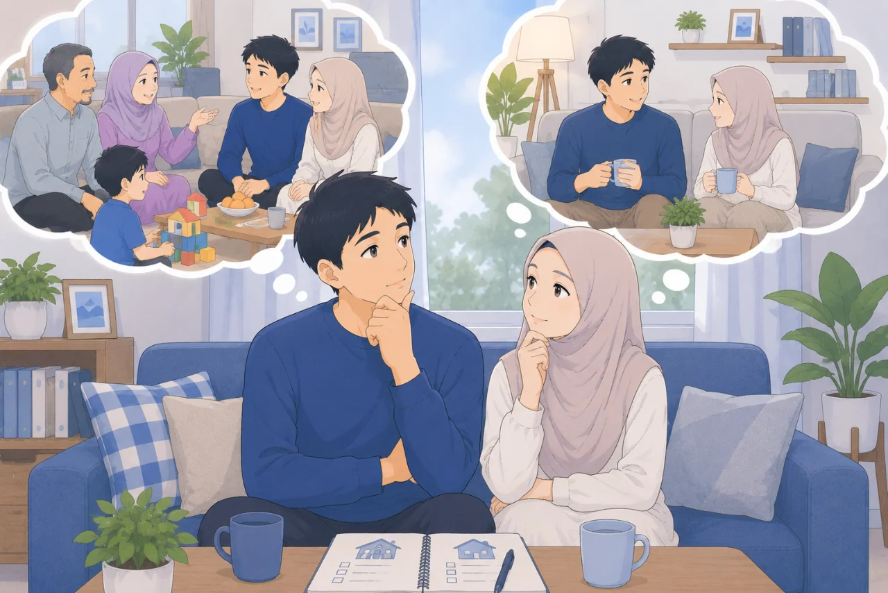 Pasangan suami istri sedang berdiskusi di ruang tamu sambil mempertimbangkan pilihan tinggal mandiri atau bersama orang tua, dengan suasana hangat, tenang, dan penuh kebersamaan.