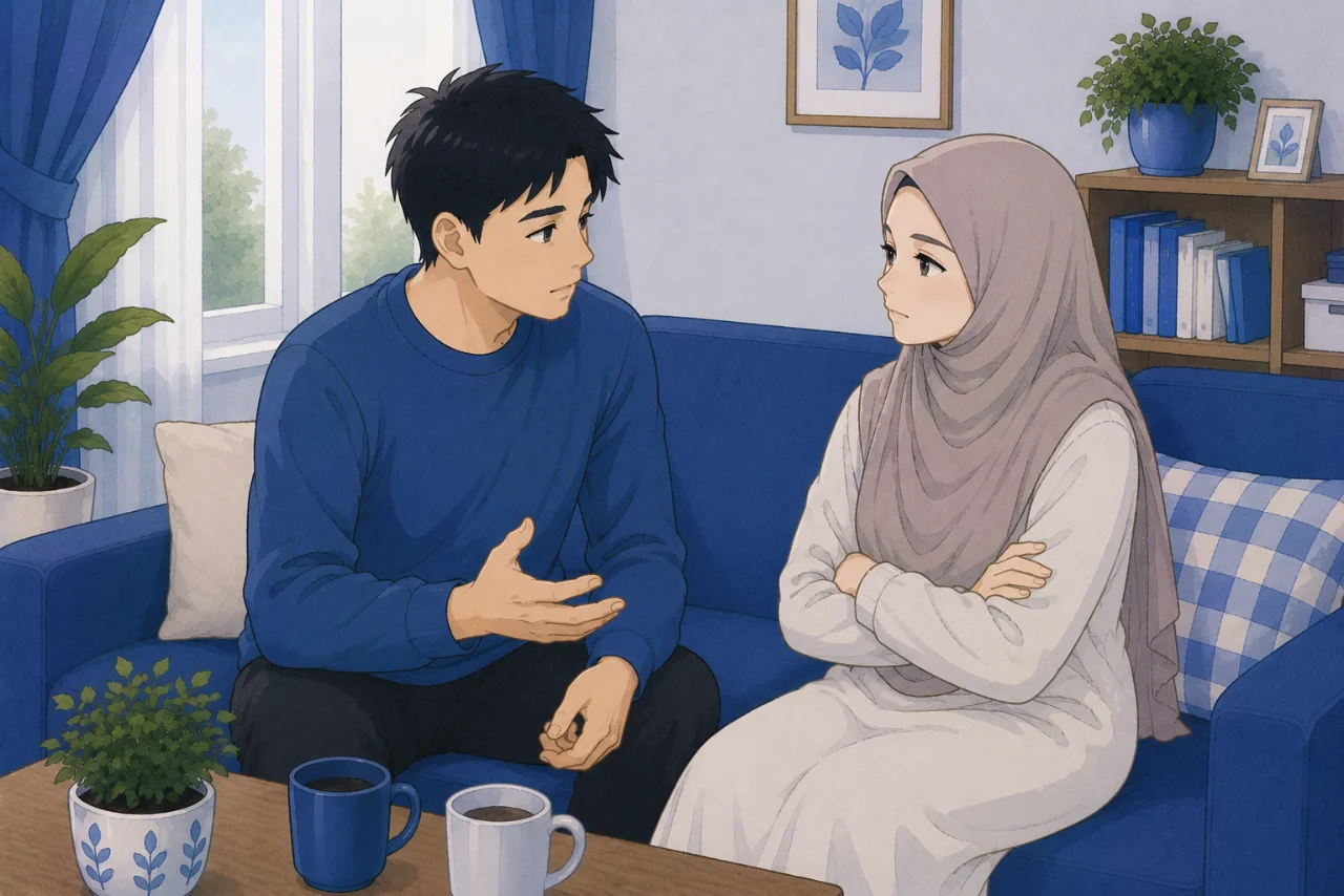 Pasangan suami istri sedang berdiskusi dengan tenang di ruang keluarga sambil saling mendengarkan dan mencari solusi bersama, menggambarkan cara menghadapi perbedaan pendapat dalam rumah tangga secara dewasa.