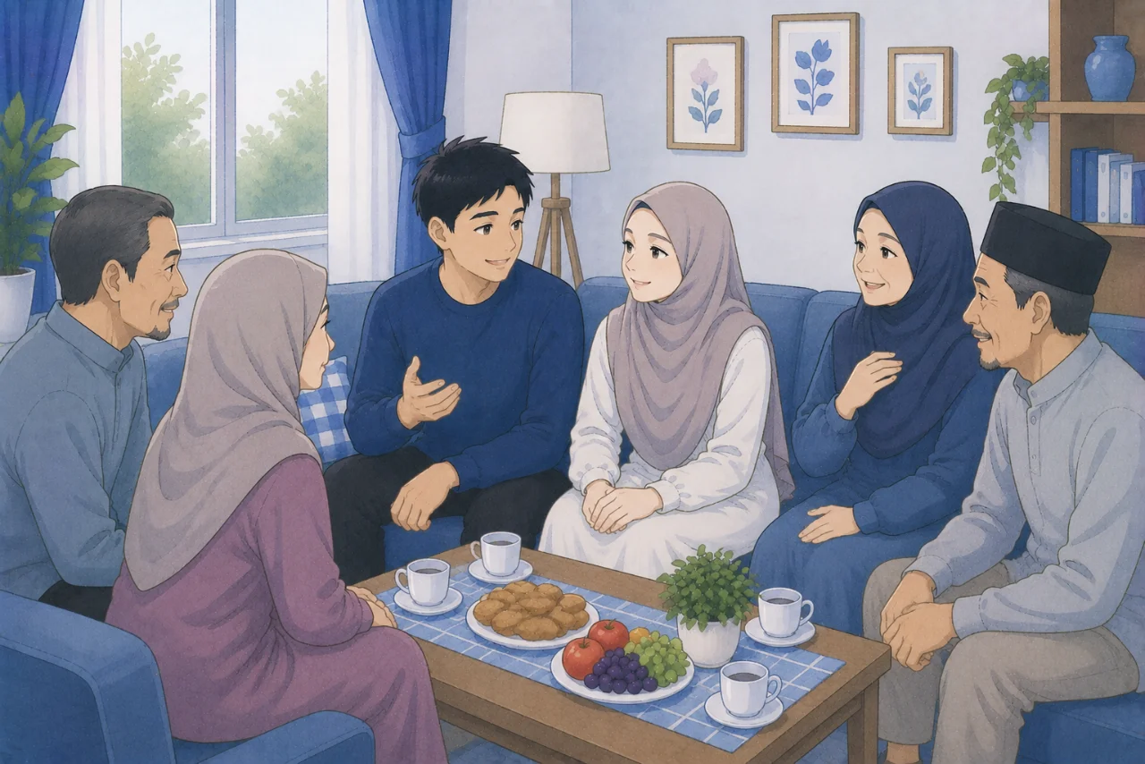 Pasangan suami istri sedang berbincang santai bersama keluarga besar di ruang keluarga dengan suasana hangat dan saling menghormati, menggambarkan pentingnya menjaga batasan yang sehat dalam hubungan keluarga.