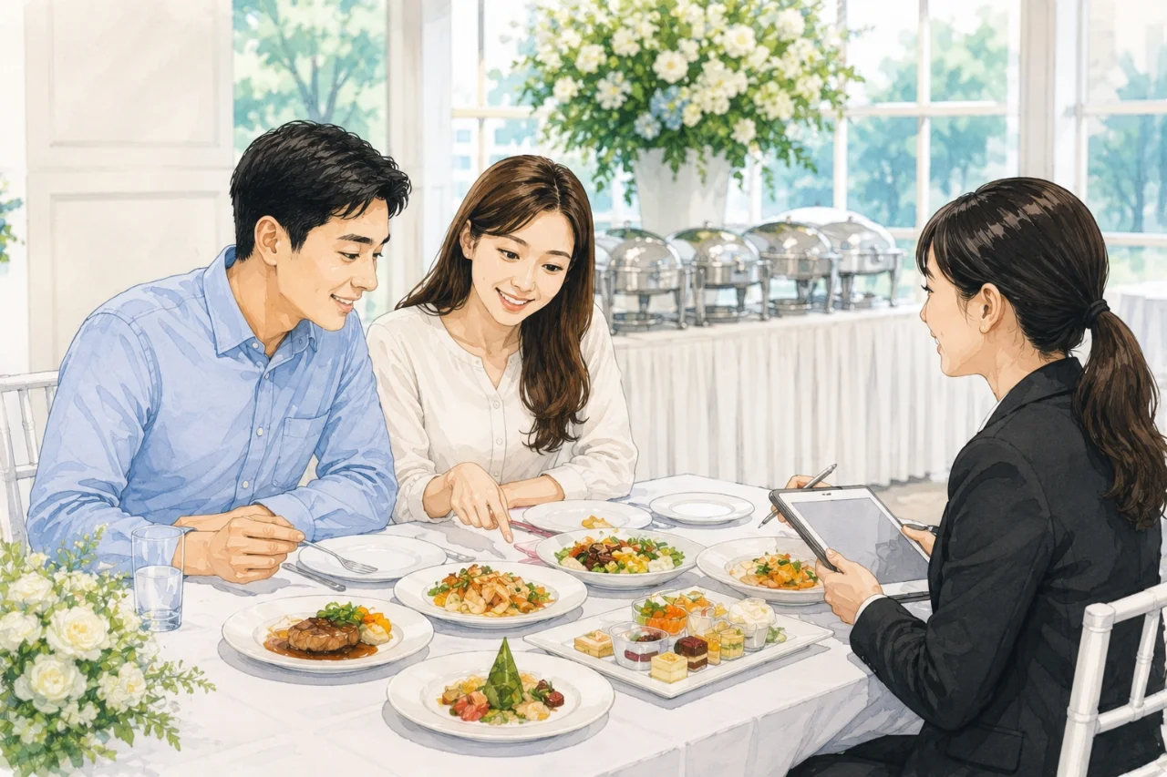 Pasangan calon pengantin sedang mencicipi menu catering pernikahan bersama vendor