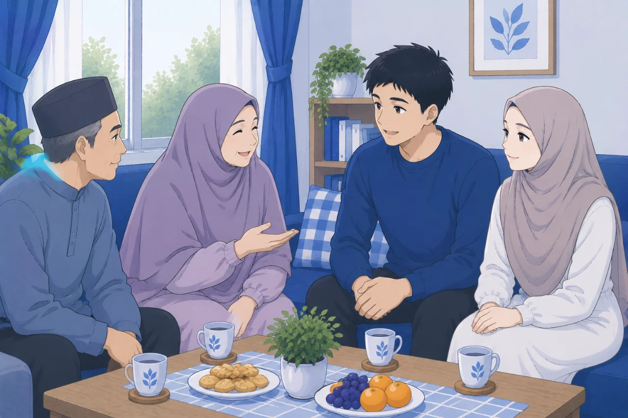Pasangan suami istri sedang berbincang hangat bersama mertua di ruang keluarga dengan suasana akrab dan penuh senyuman, menggambarkan hubungan keluarga yang harmonis dan saling menghormati.