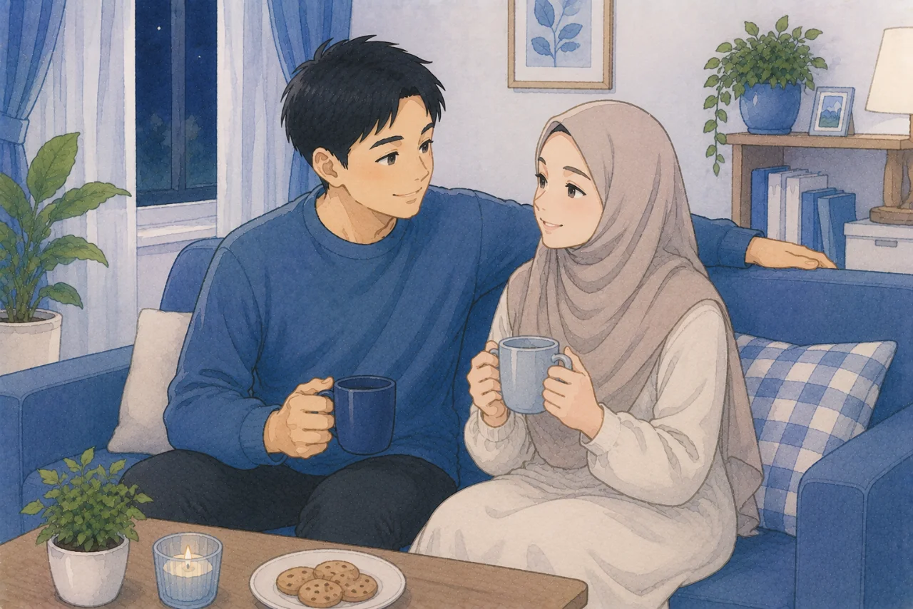 Pasangan suami istri sedang menikmati waktu berkualitas bersama di ruang keluarga sambil berbincang santai dan menikmati minuman hangat, menggambarkan pentingnya quality time untuk menjaga keharmonisan rumah tangga.