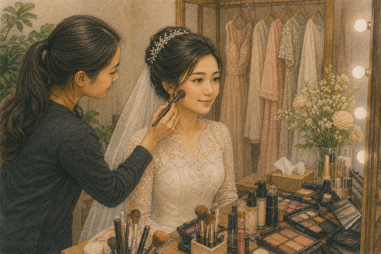 Pengantin wanita sedang dirias dengan makeup natural yang tahan lama untuk hari pernikahan