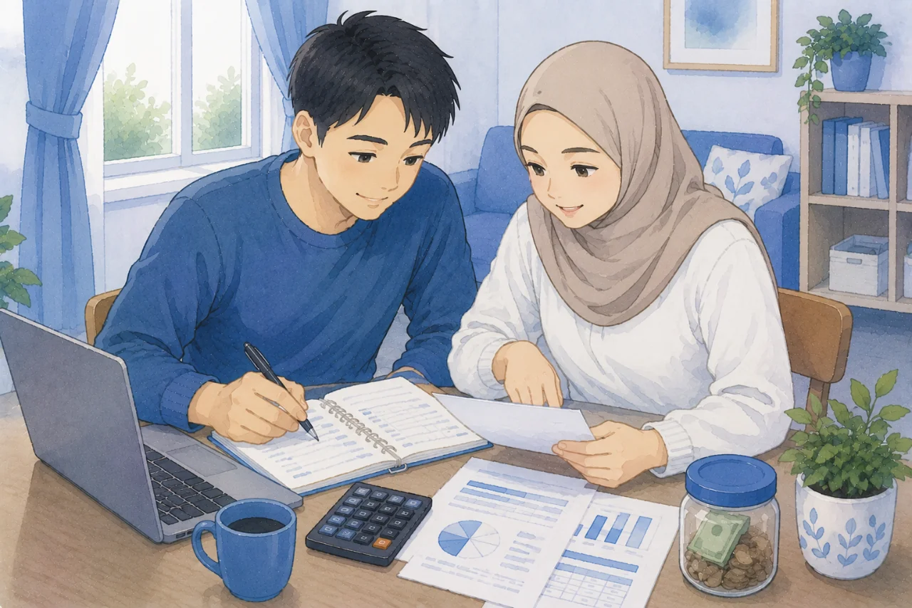 Pasangan suami istri sedang menyusun daftar prioritas pengeluaran rumah tangga di meja kerja dengan laptop, buku catatan, kalkulator, dan daftar anggaran, menggambarkan perencanaan keuangan keluarga yang teratur.