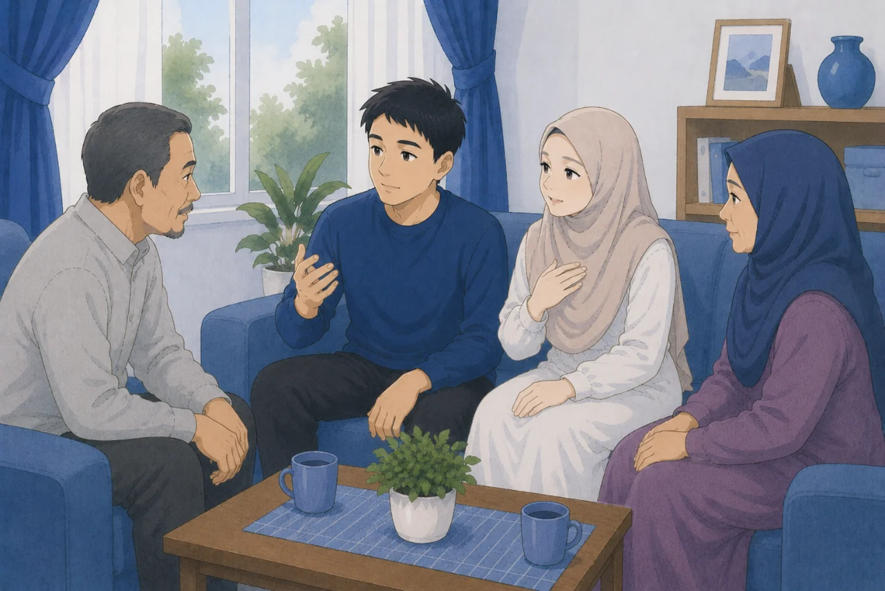 Pasangan suami istri sedang berbicara dengan tenang di ruang keluarga sambil berdiskusi mengenai keputusan keluarga, menggambarkan cara menetapkan batasan dan menolak permintaan keluarga dengan sopan.
