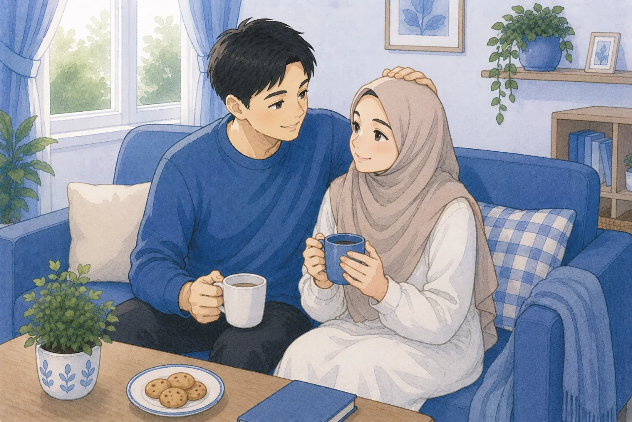 Pasangan suami istri sedang menikmati waktu berkualitas bersama di ruang keluarga sambil berbincang hangat dan saling tersenyum, menggambarkan perhatian sederhana yang membuat pasangan merasa dicintai.