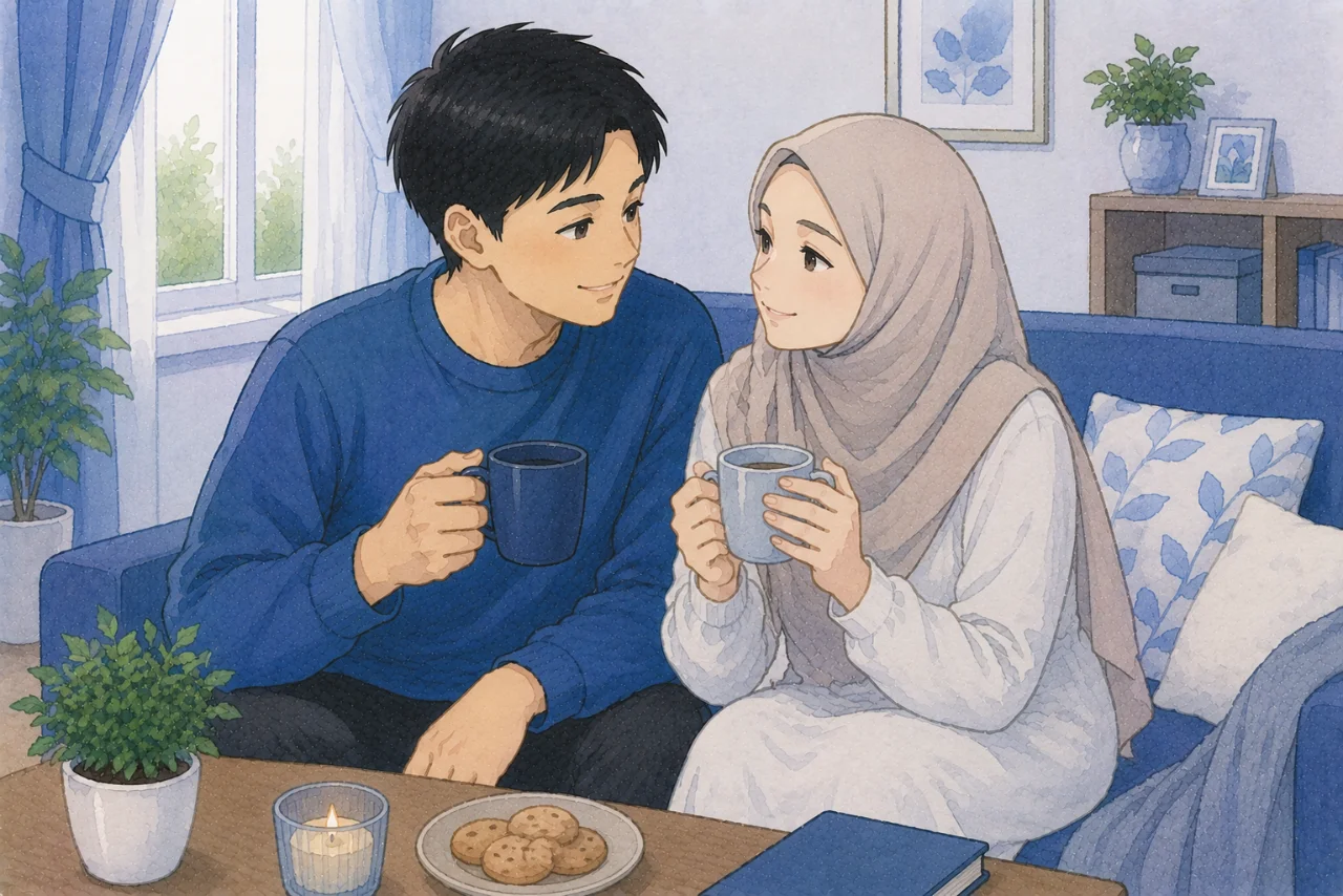 Pasangan suami istri sedang menikmati waktu berkualitas bersama di ruang keluarga sambil berbincang hangat dan saling tersenyum, menggambarkan upaya menjaga cinta tetap tumbuh setelah menikah.