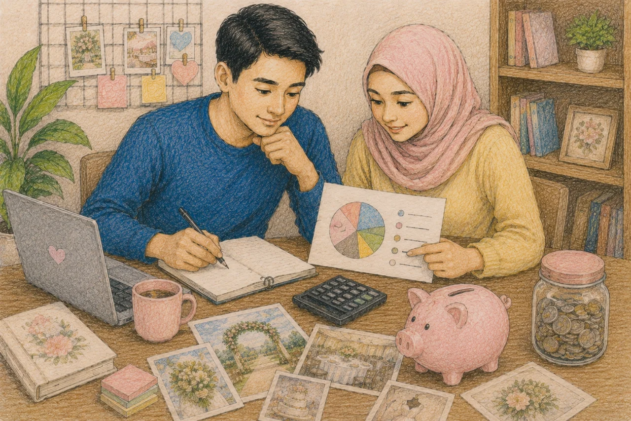Pasangan sedang menyusun dan membagi budget pernikahan bersama